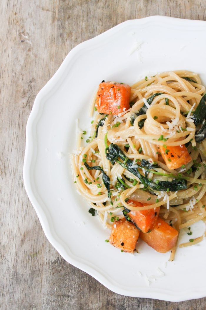 brown butter spaghetti with baby kale and roasted butternut squash