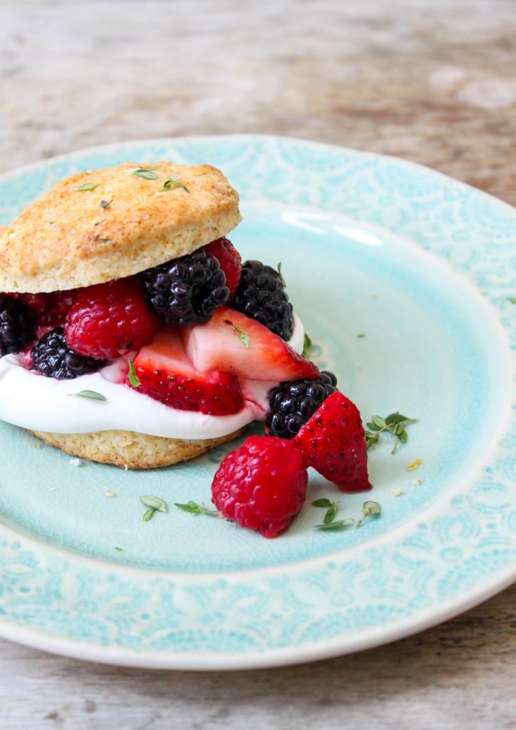 lemon thyme biscuit with mixed berries and fresh whipped cream