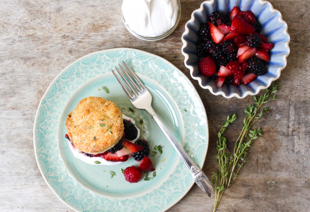 lemon thyme biscuit with mixed berries and fresh whipped cream