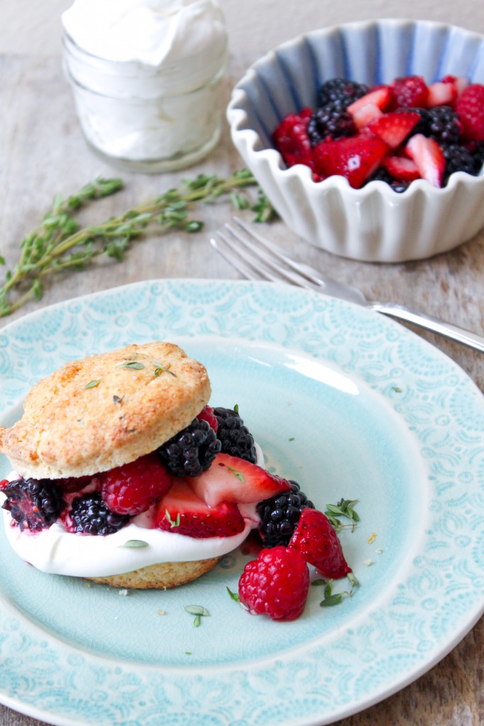 lemon thyme biscuit with mixed berries and whipped cream