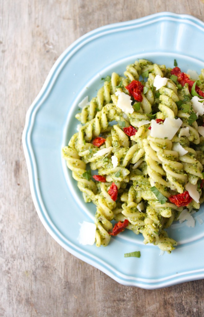 Fusilli with arugula pesto, sun-dried tomatoes, and shaved pecorino