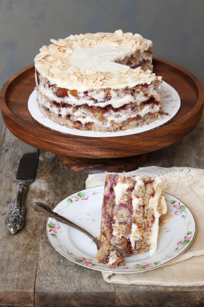 Raspberry almond layer cake with cream cheese frosting