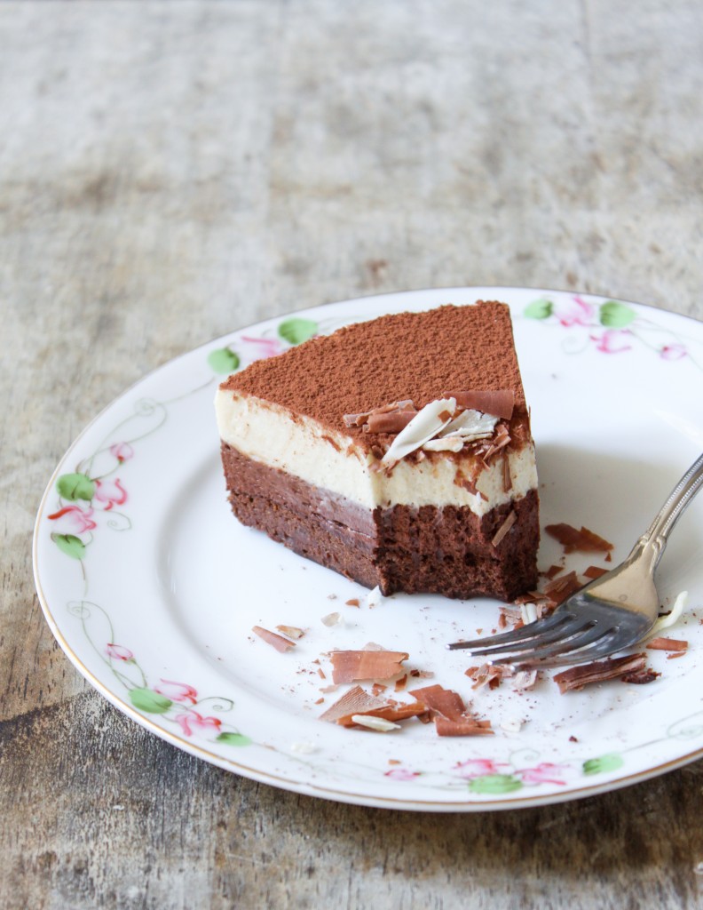 slice of mother's day cake: dark chocolate and white coffee mousse cake