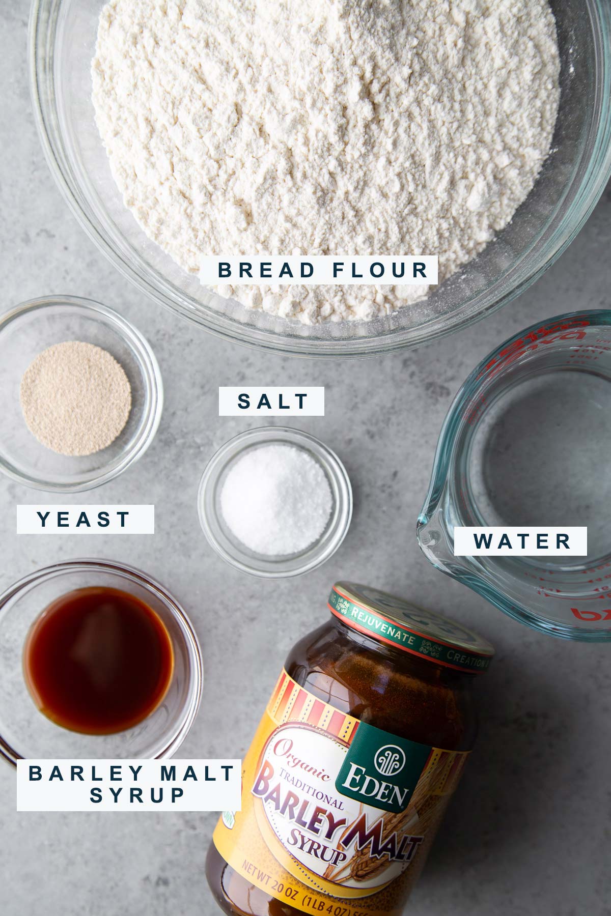 homemade bagel ingredients are bread flour, yeast, salt, water, and barley malt syrup.