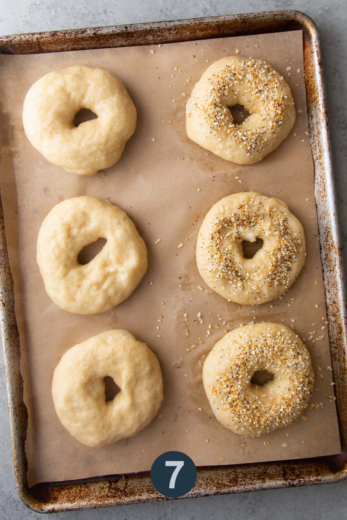 keep bagels plain or brush with egg white and sprinkle with toppings.
