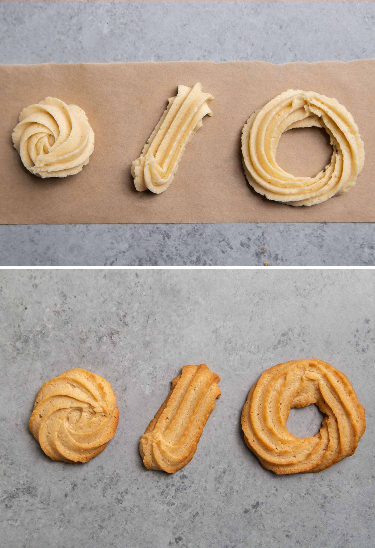 variety of piped cookie shapes using vanilla malt cookie dough