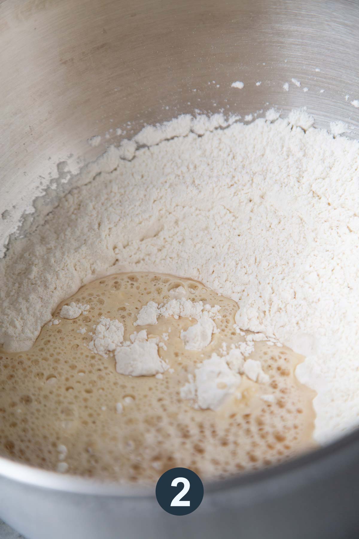 knead together bread flour, salt, and yeast mixture using dough hook attachment.