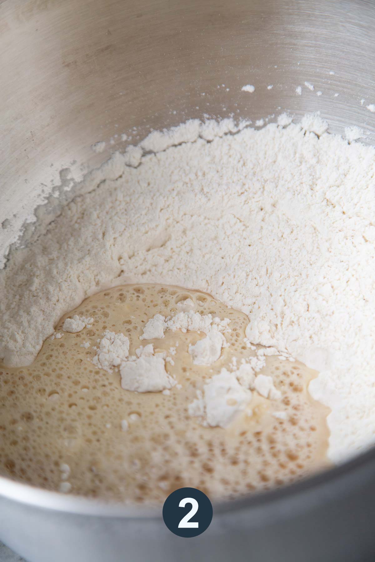 knead together bread flour, salt, and yeast mixture using dough hook attachment.