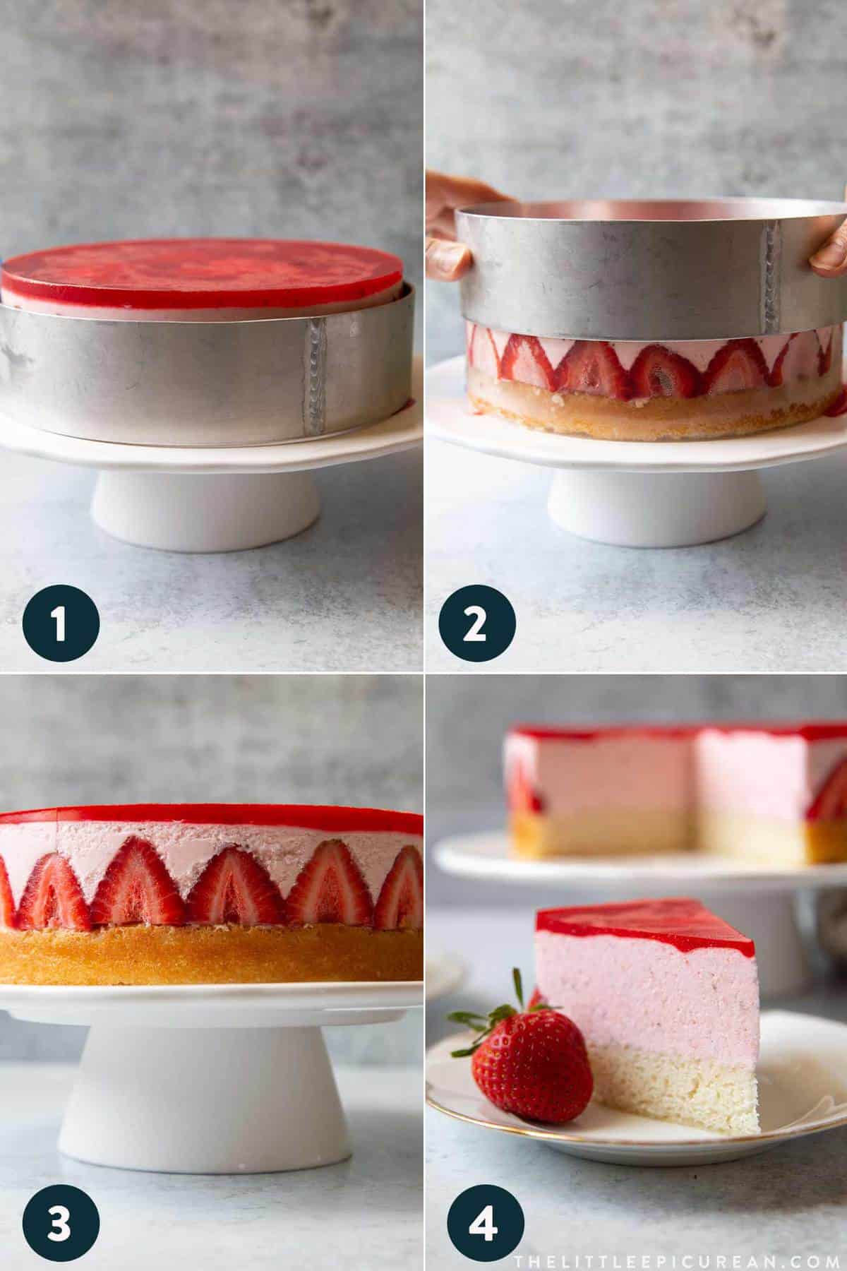 step by step strawberry mousse cake assembly.