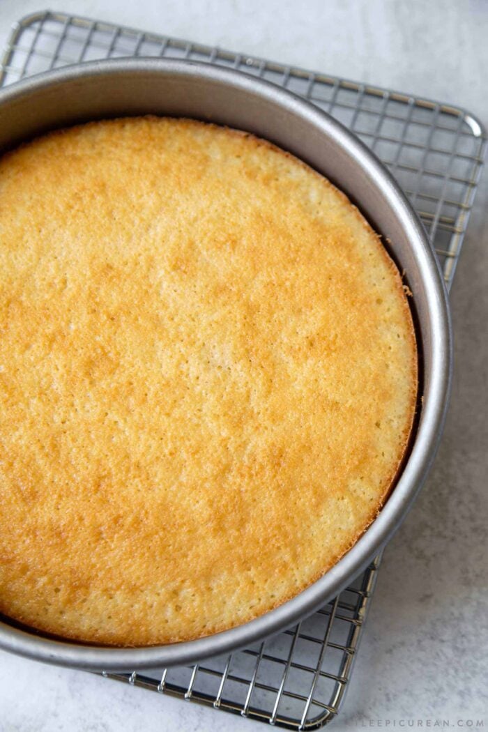 White cake in 8-inch round cake pan