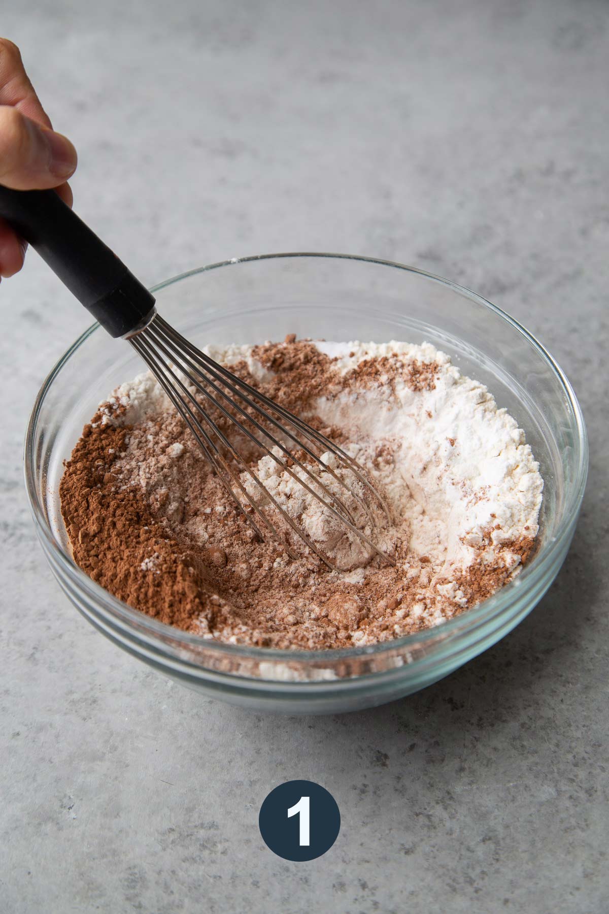 whisk together flour, cocoa powder, baking powder, and salt in bowl.