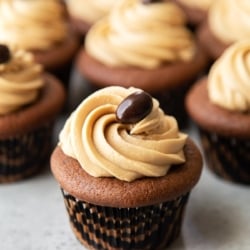 close up of mocha cupcake topped with espresso buttercream garnished with chocolate covered espresso bean.