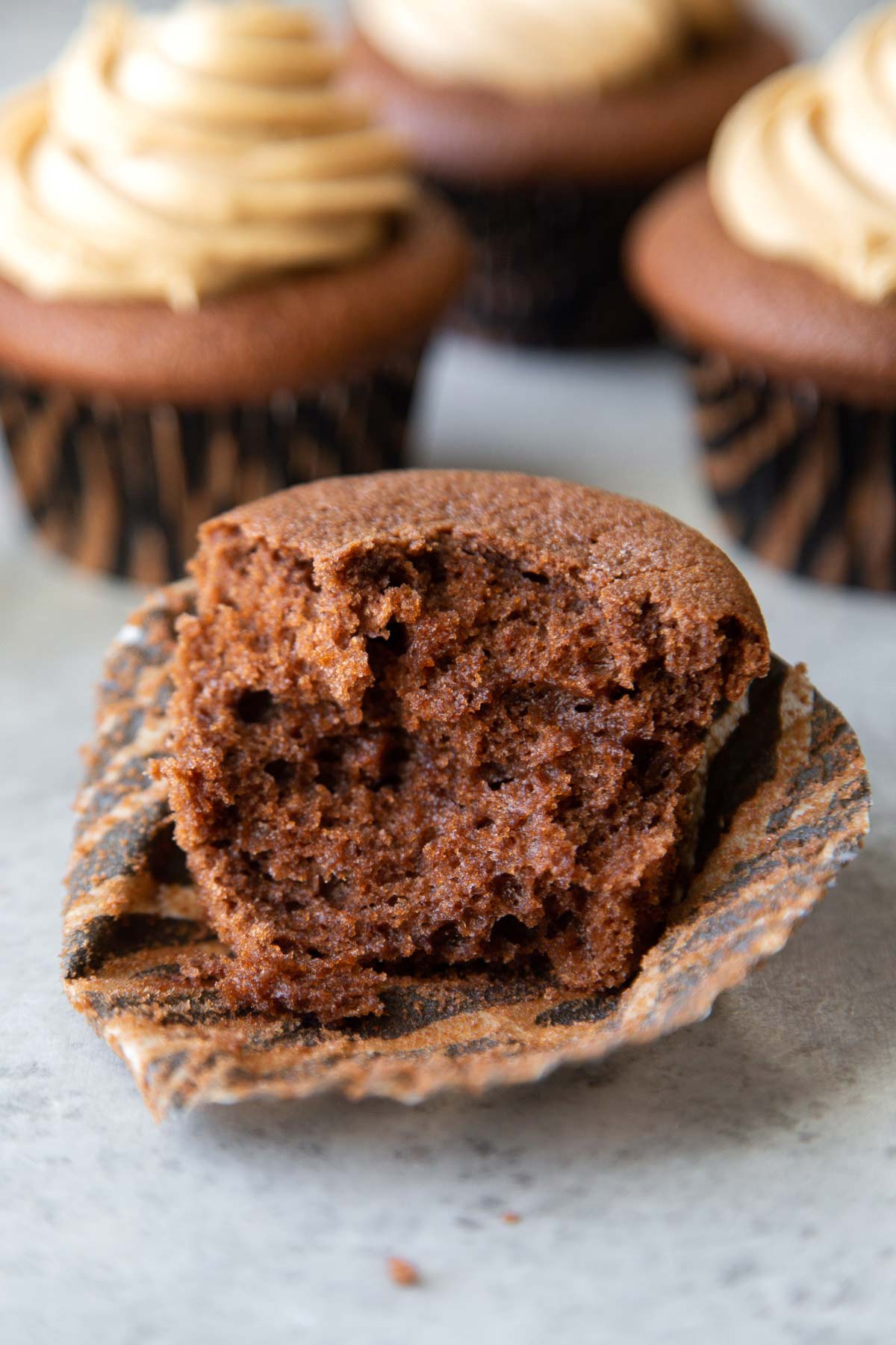 soft moist crumb of mocha cupcake.