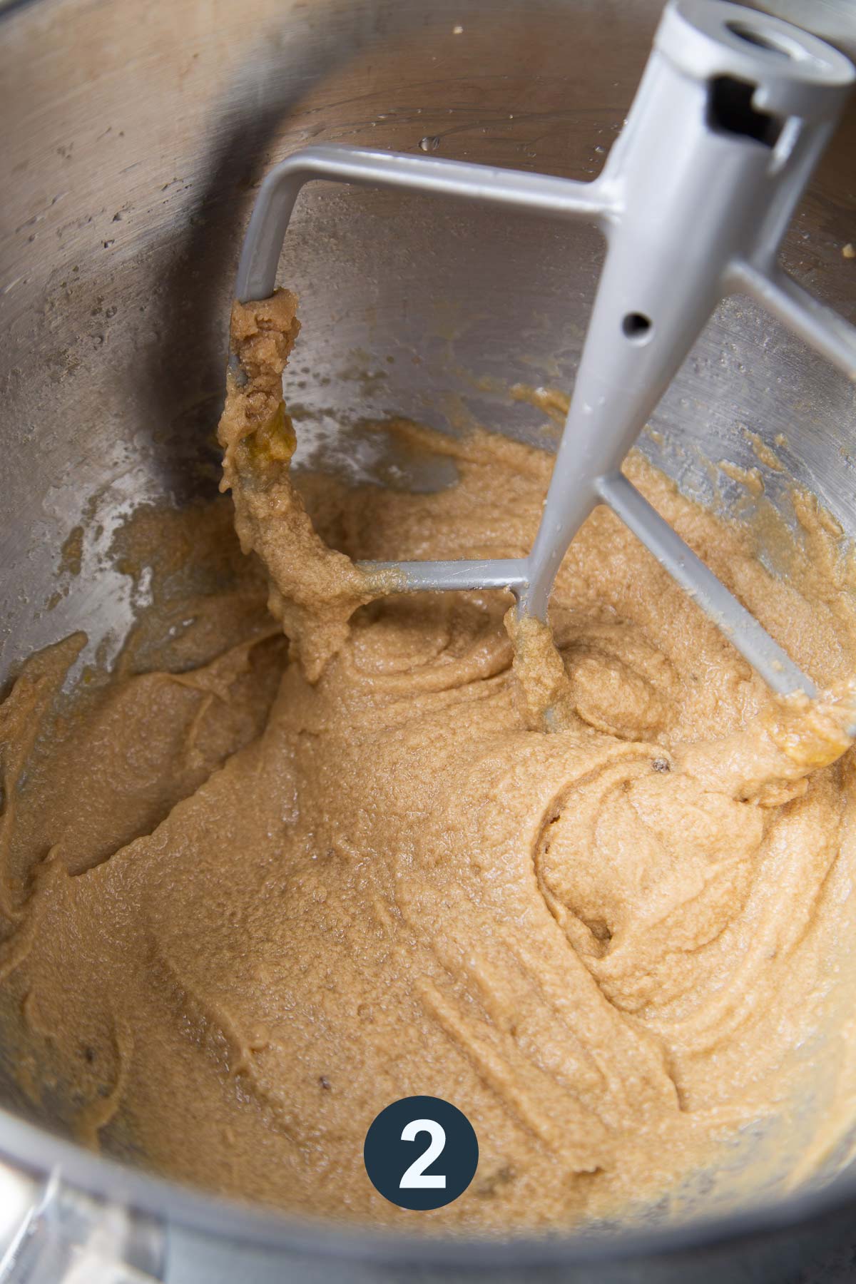 cream butter and sugar with eggs in stand mixer fitted with paddle attachment.