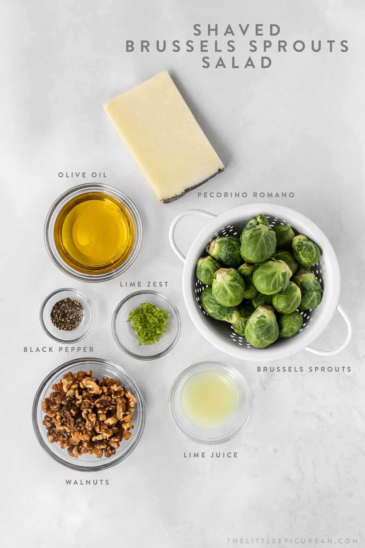 overhead of ingredients for shaved brussels sprouts salad