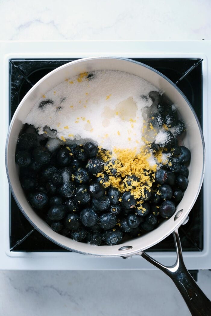 blueberry jam ingredients in a heavy bottomed sauce pot.