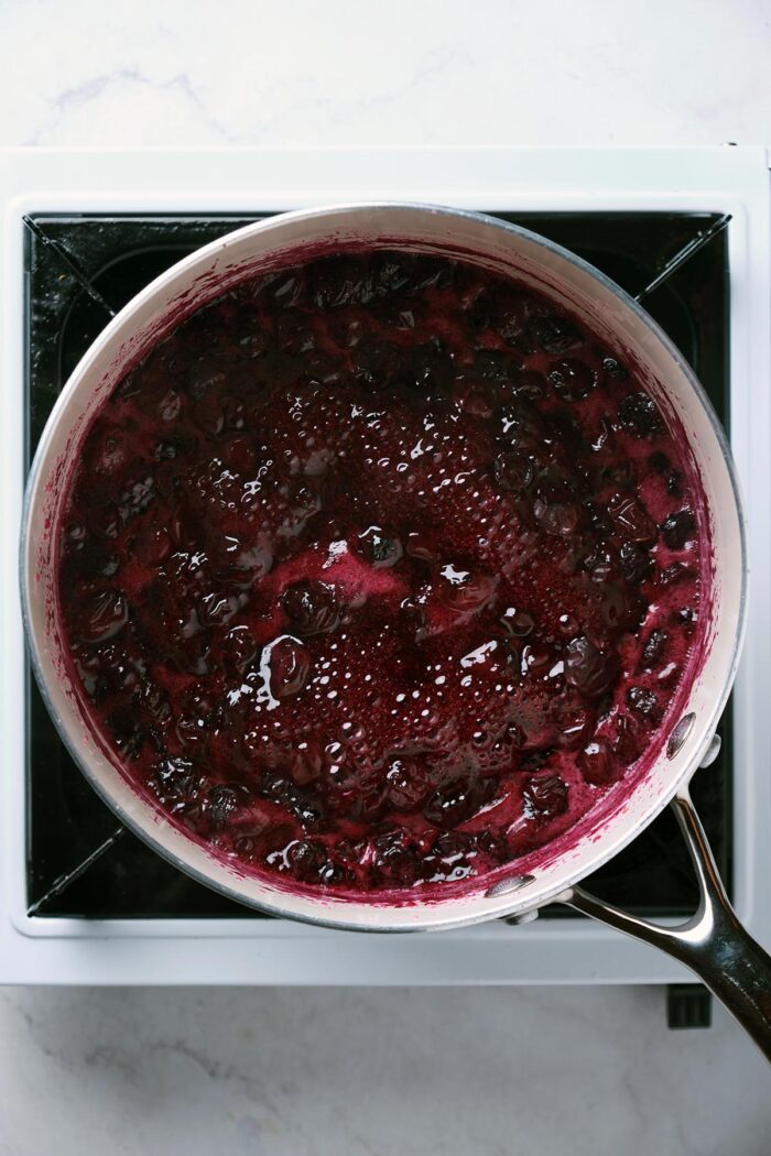 blueberry jam ingredients in a heavy bottomed sauce pot.