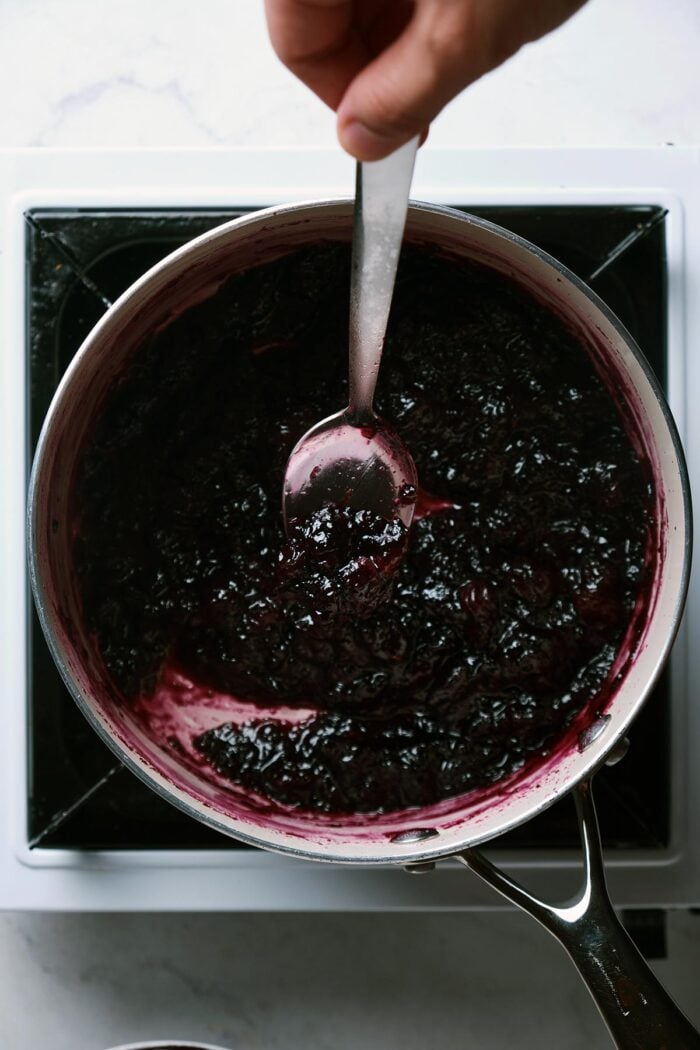 blueberry jam ingredients in a heavy bottomed sauce pot.