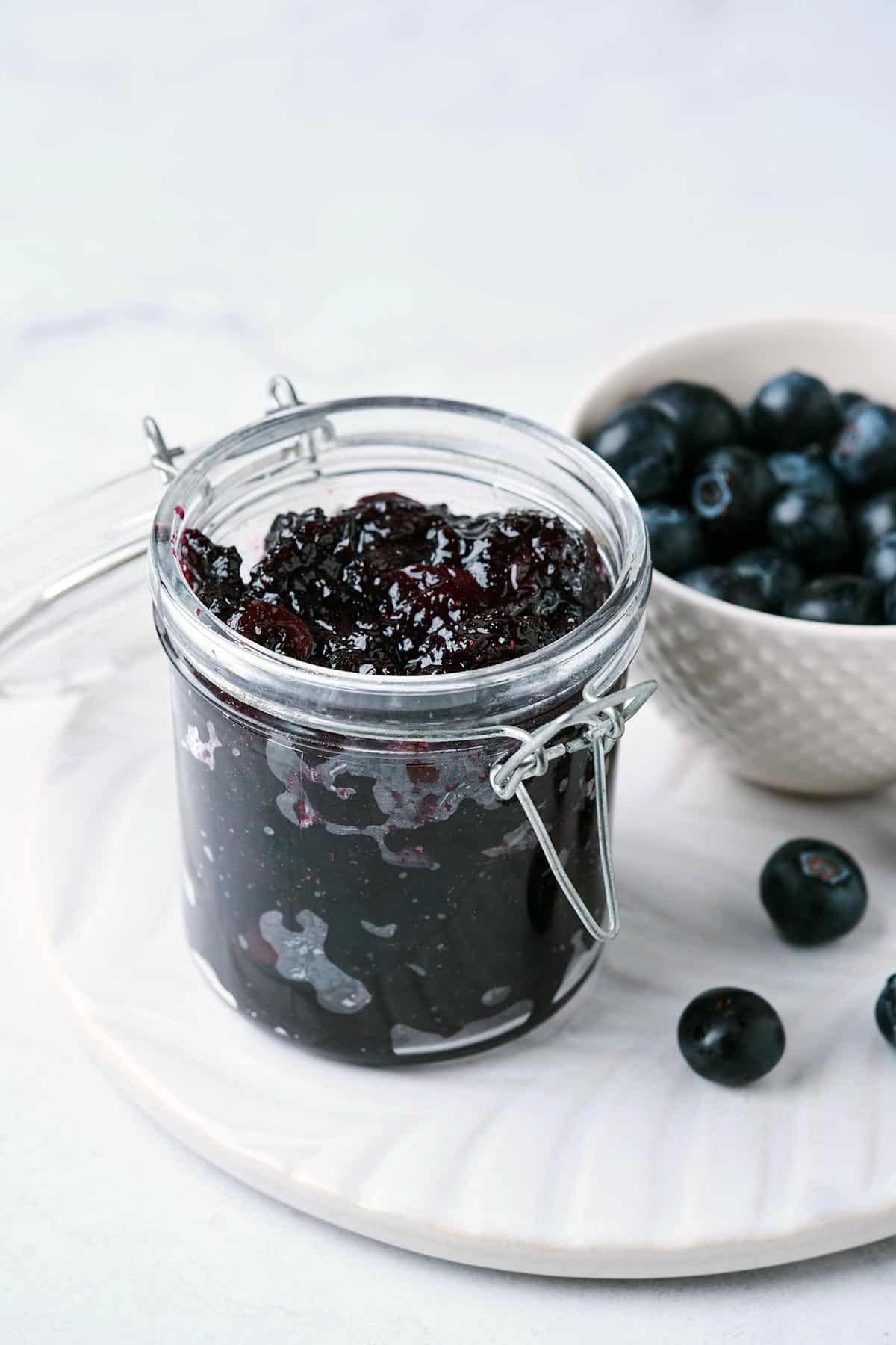 refrigerator blueberry jam in glass container.