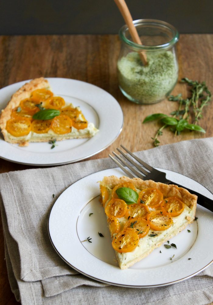 cherry tomato pesto tart with basil salt