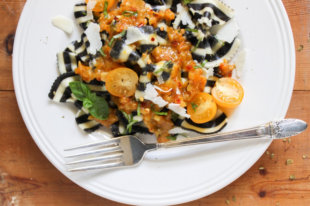 zebra bow tie pasta with yellow tomato sauce