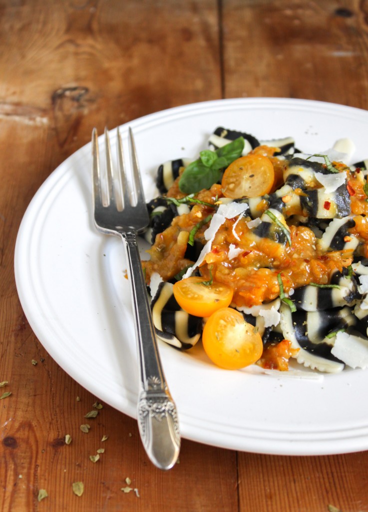 zebra pasta in quick cherry tomato sauce