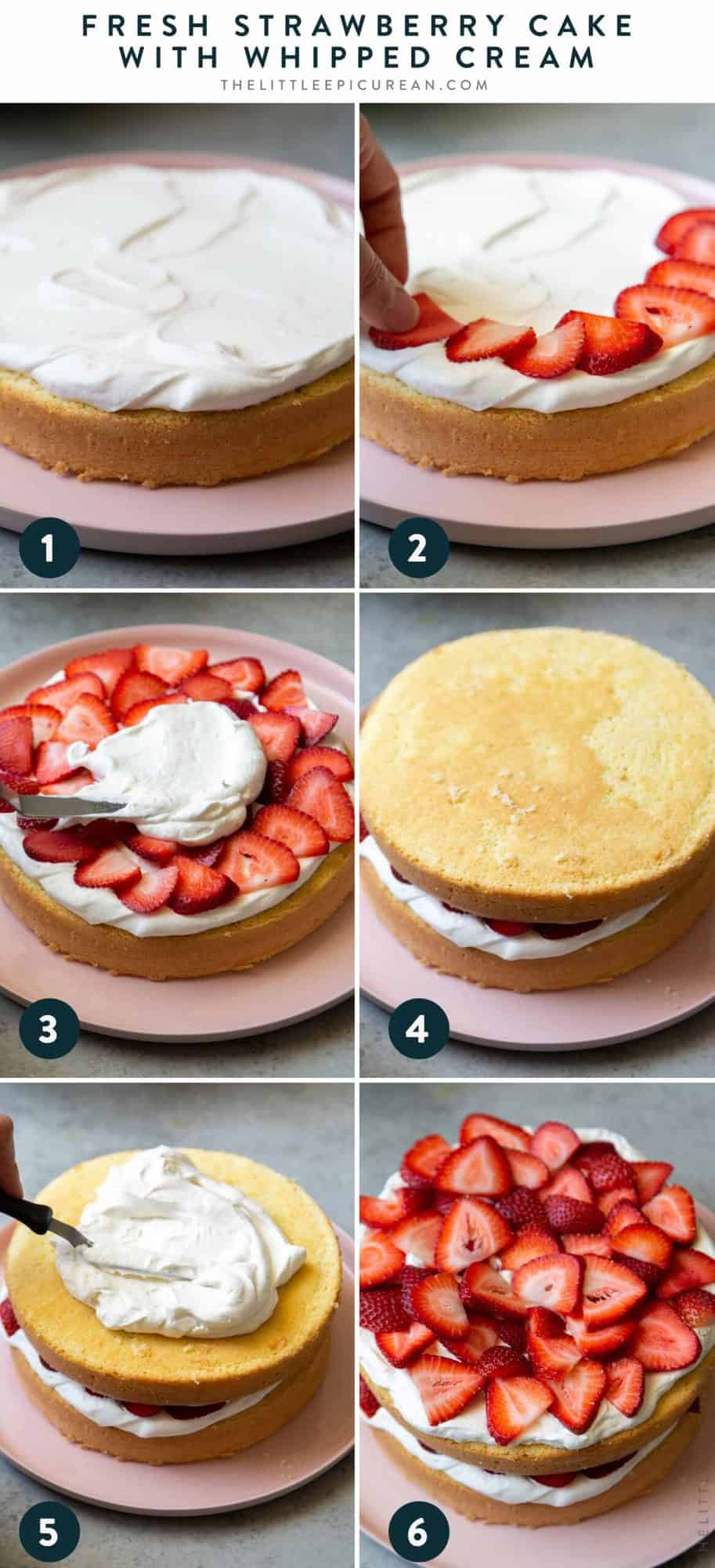 step by step tutorial for building strawberry layer cake.