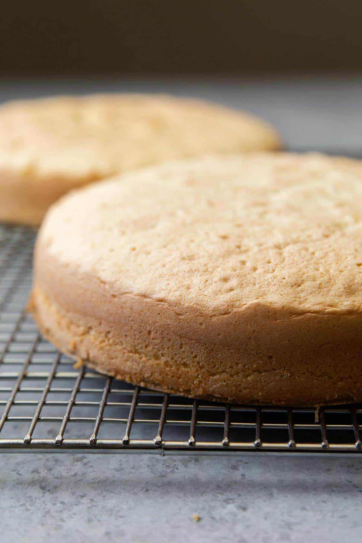 sponge cake cooling on wire rack.