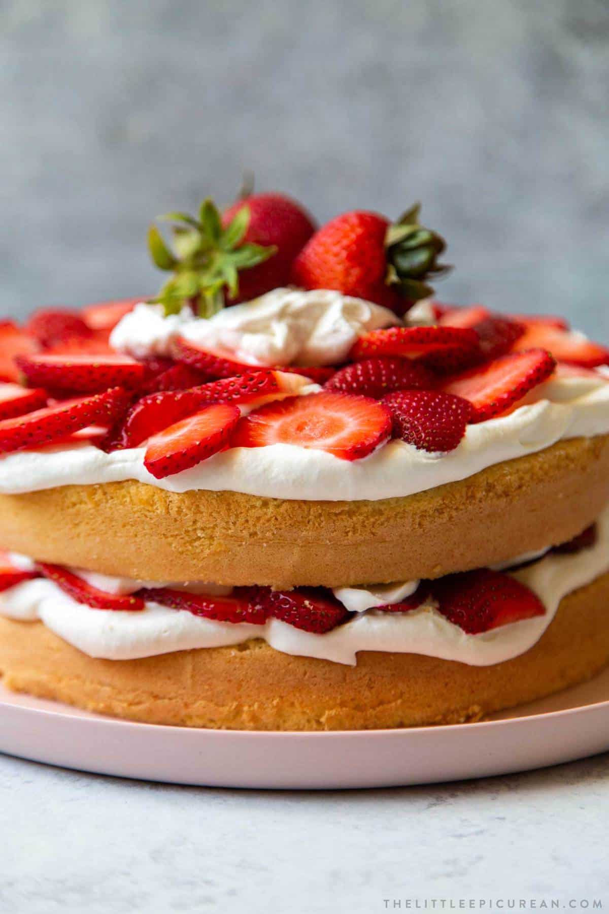 strawberry layer cake with fresh strawberries and whipped cream