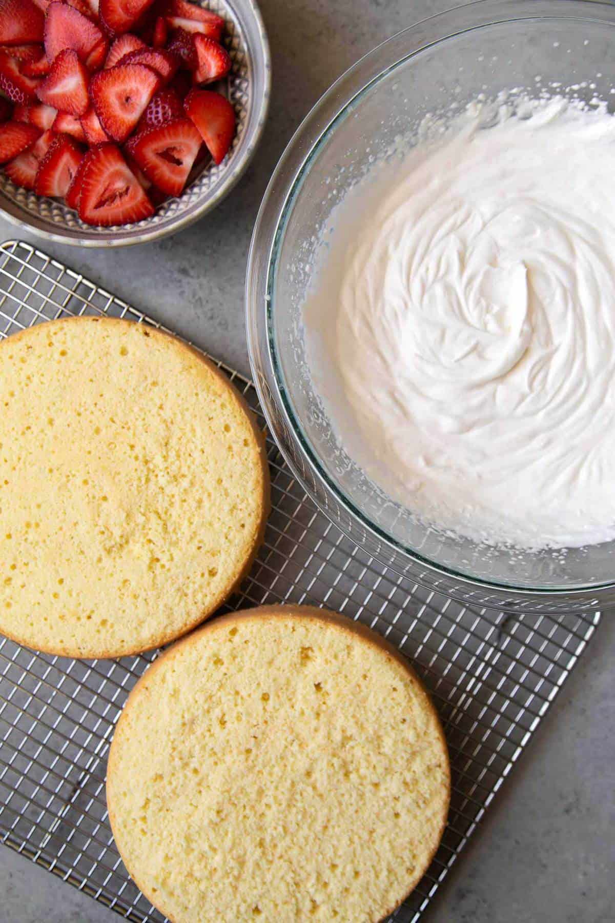 sponge cake layers, whipped cream, and sliced strawberries.