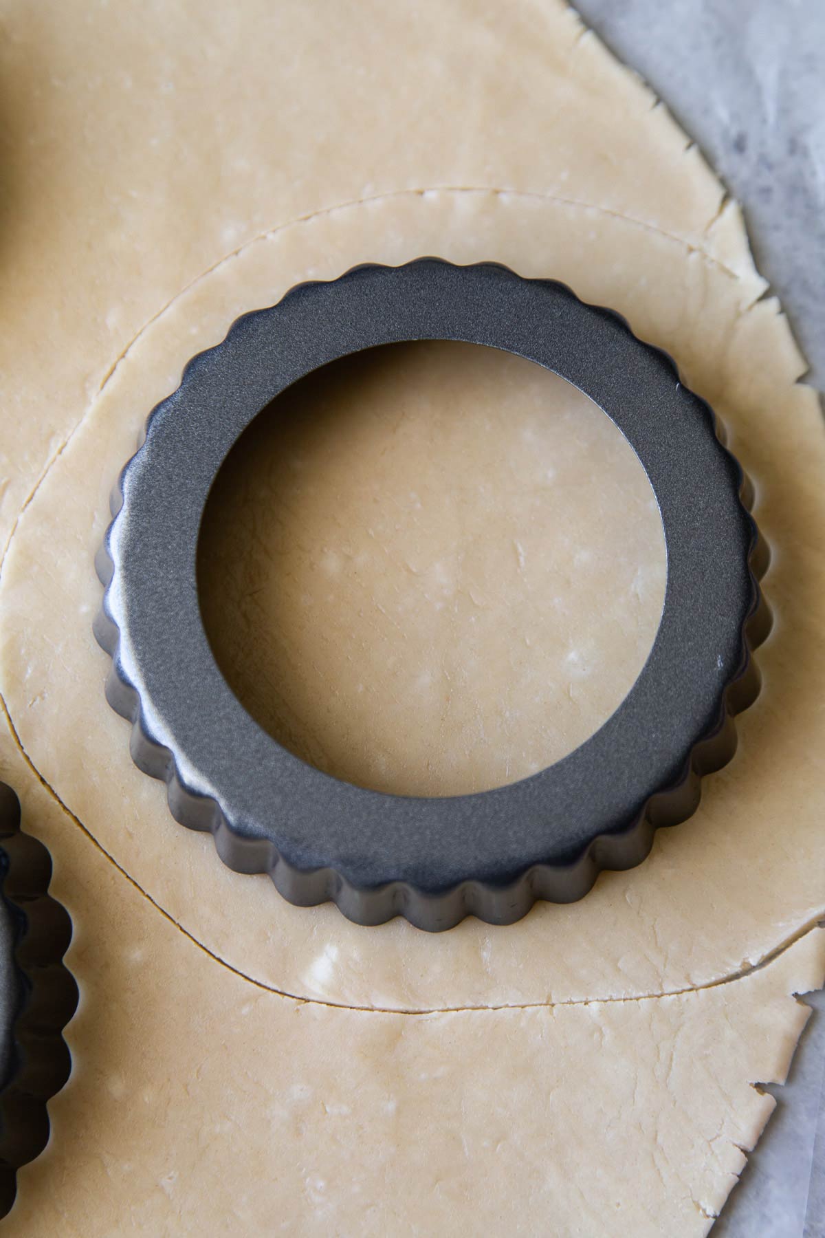 turn tart shell upside down on rolled out dough to measure.