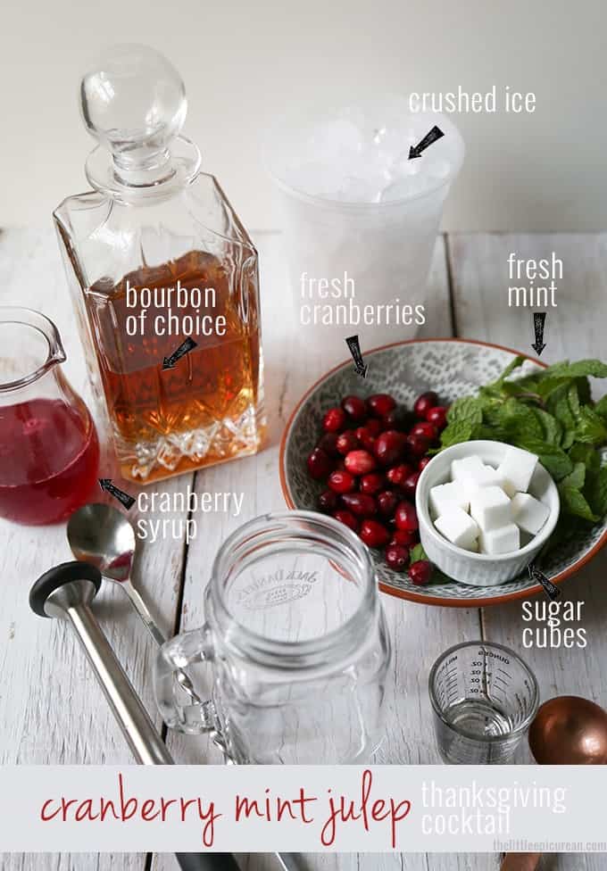 Cranberry Mint Julep cocktail ingredients such as bourbon, cranberries, mint, sugar.