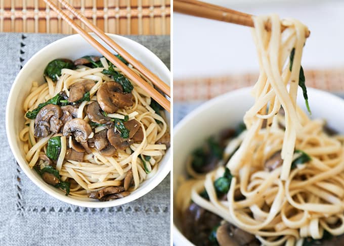 Mushroom Spinach Garlic Noodle in white bowl. 