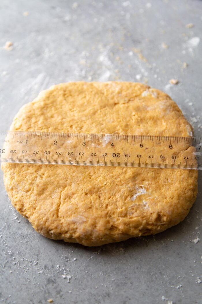 pat scone dough into a circle about 7-inch wide.