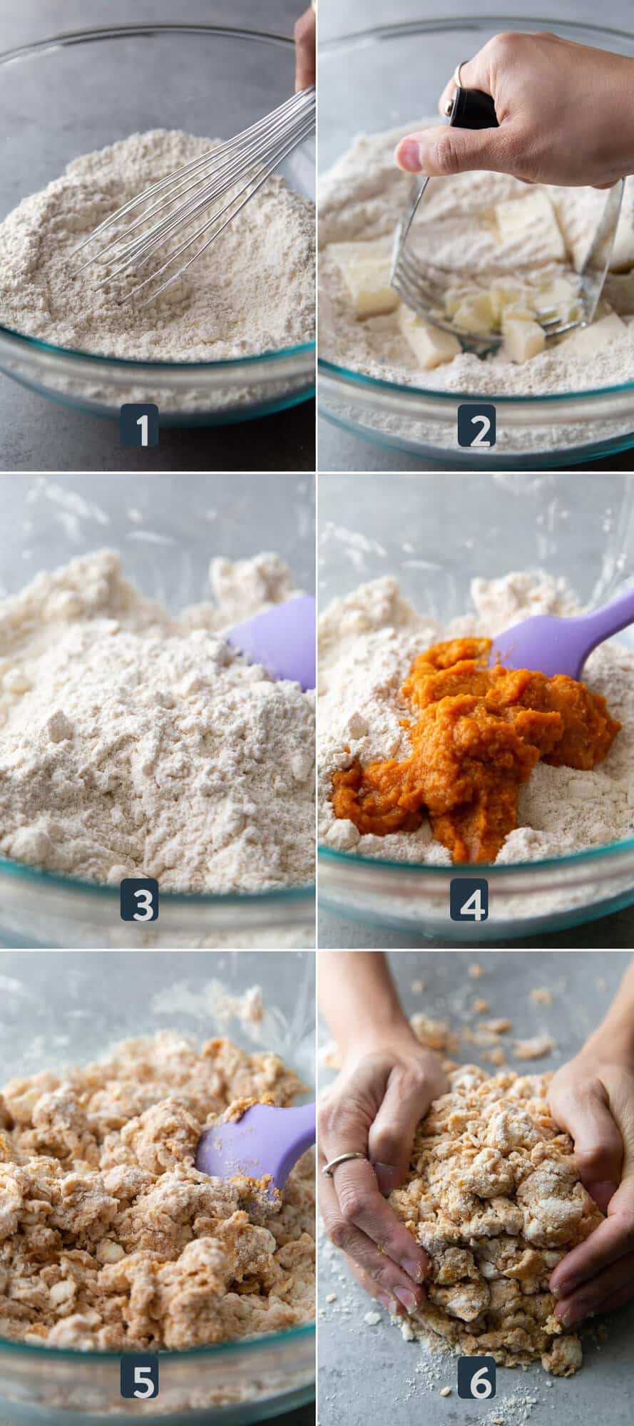 six steps showing how to make pumpkin scones by hand.