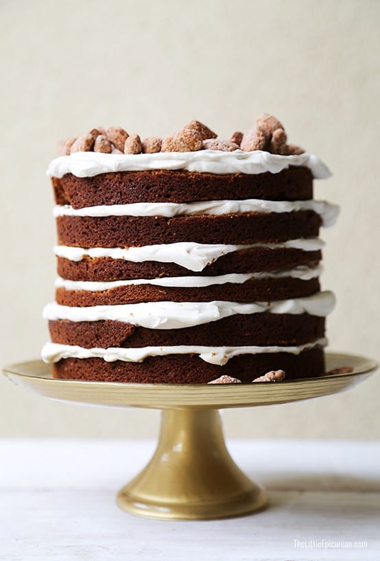 gingerbread layer cake on gold cake stand