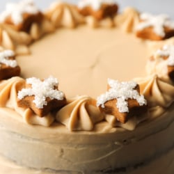 gingerbread layer cake frosted with brown sugar cream cheese frosting.