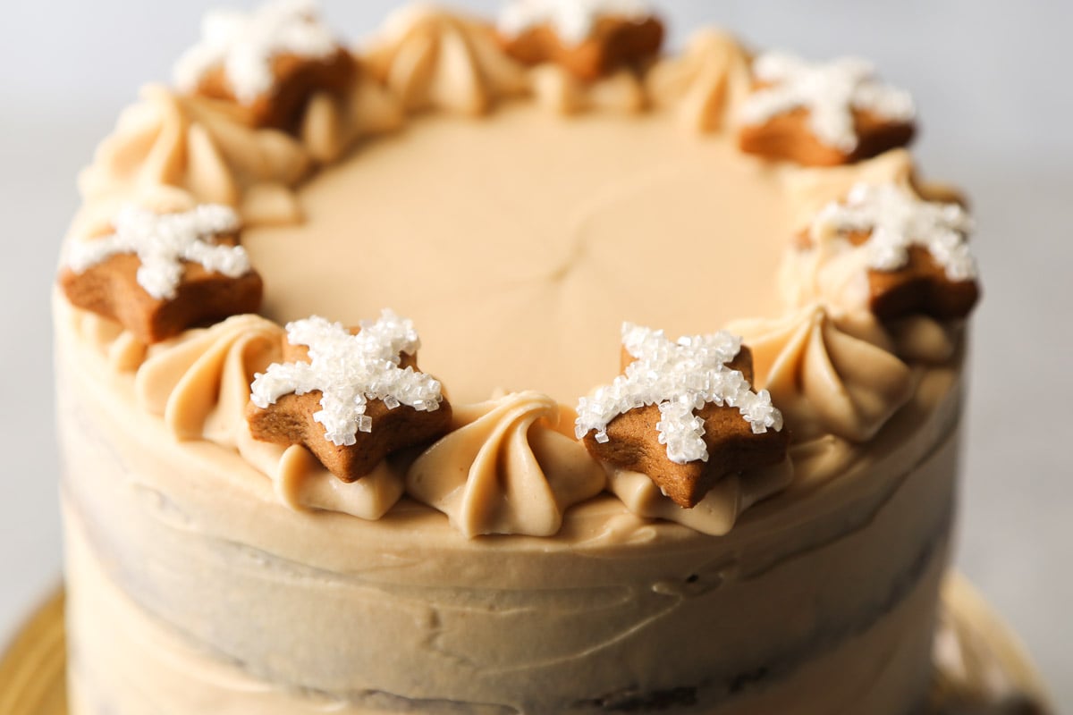 gingerbread layer cake frosted with brown sugar cream cheese frosting.