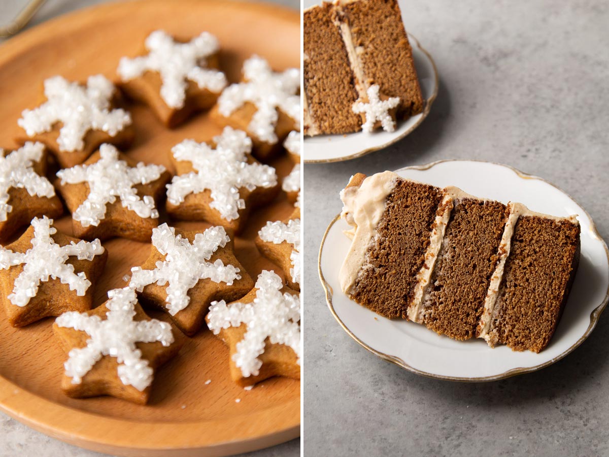 close up of gingerbread cookie stars and slice of gingerbread layer cake.
