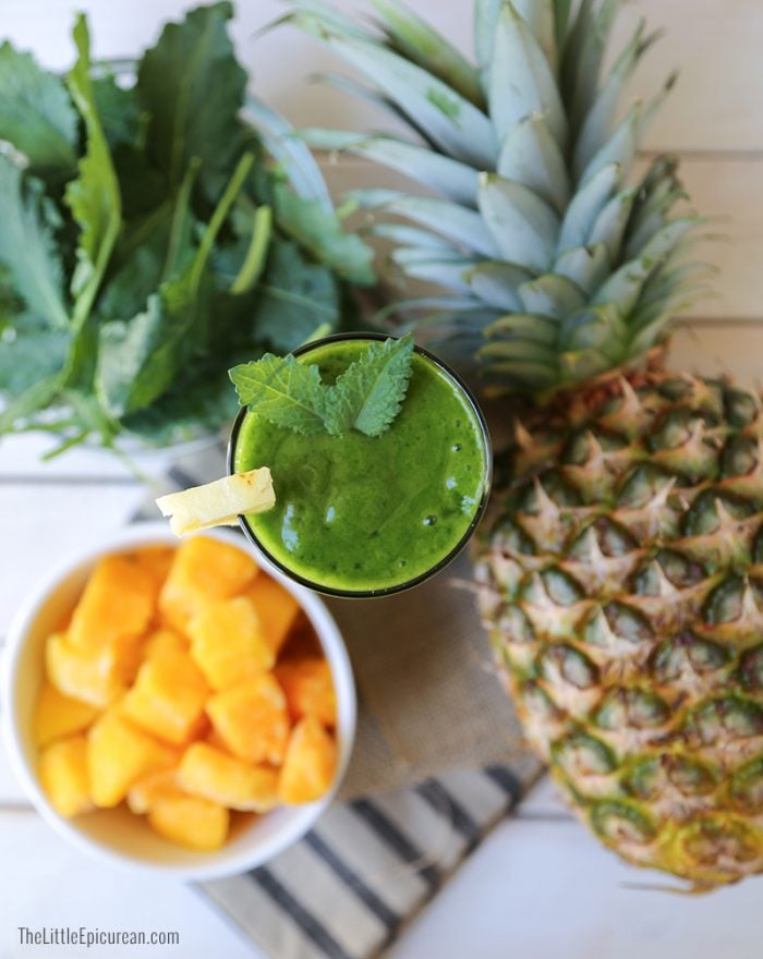 Miss Green Smoothie made with kale, pineapple, mango, and coconut water