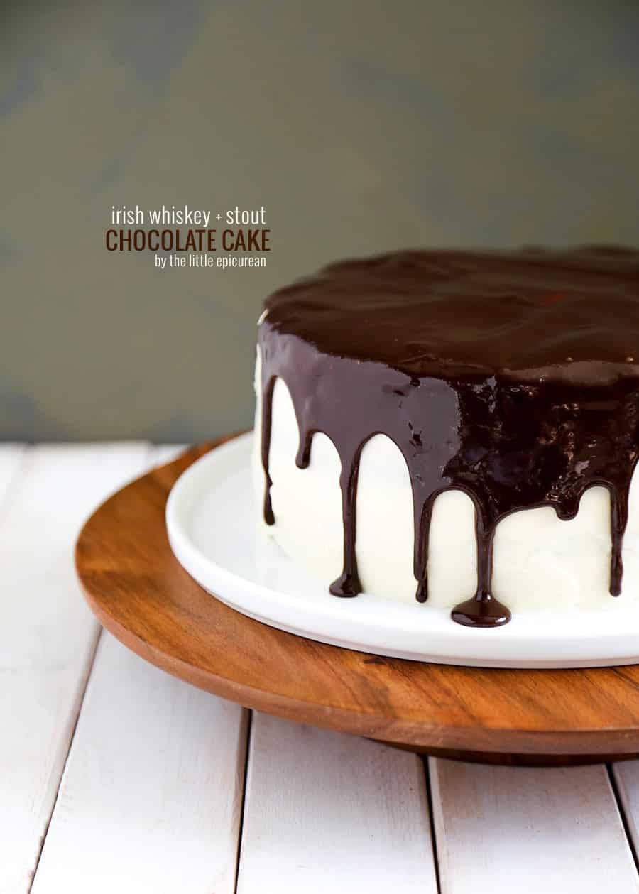 stout chocolate cake frosted with whiskey cream cheese frosting and topped with rich chocolate glaze.