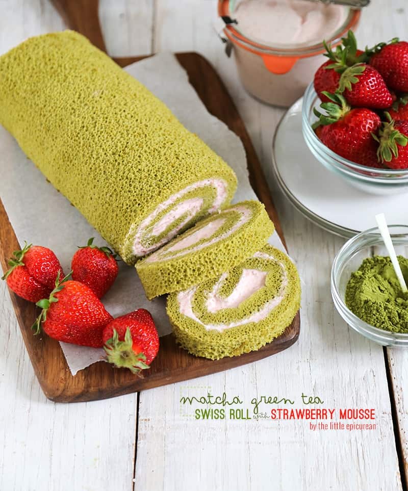 Matcha Green Tea Swiss Roll with Strawberry Mousse