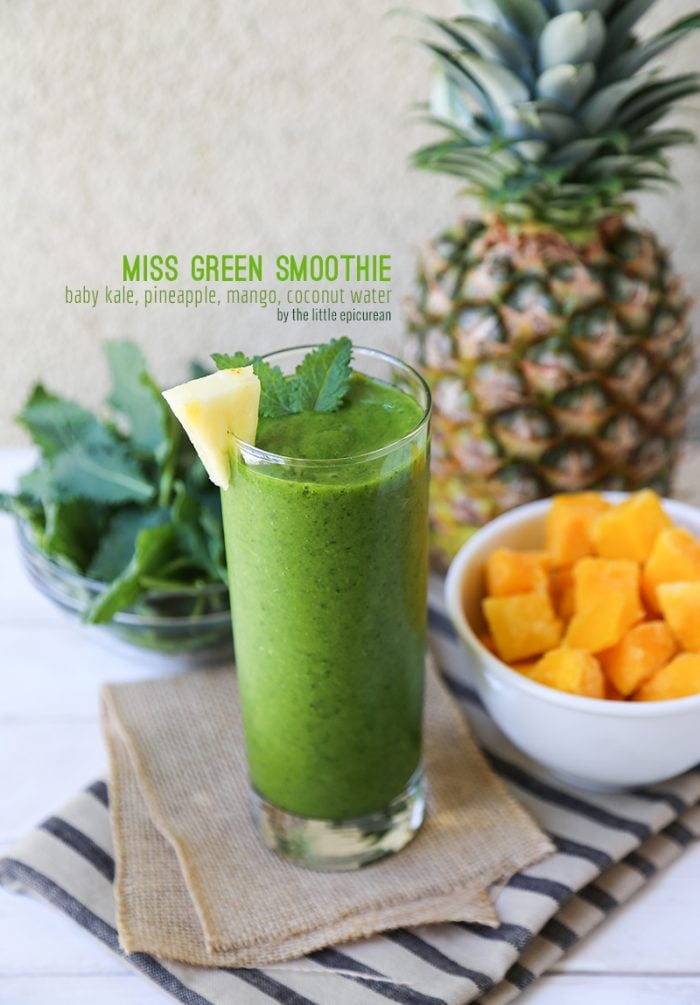 Miss Green Smoothie made with kale, pineapple, mango, and coconut water