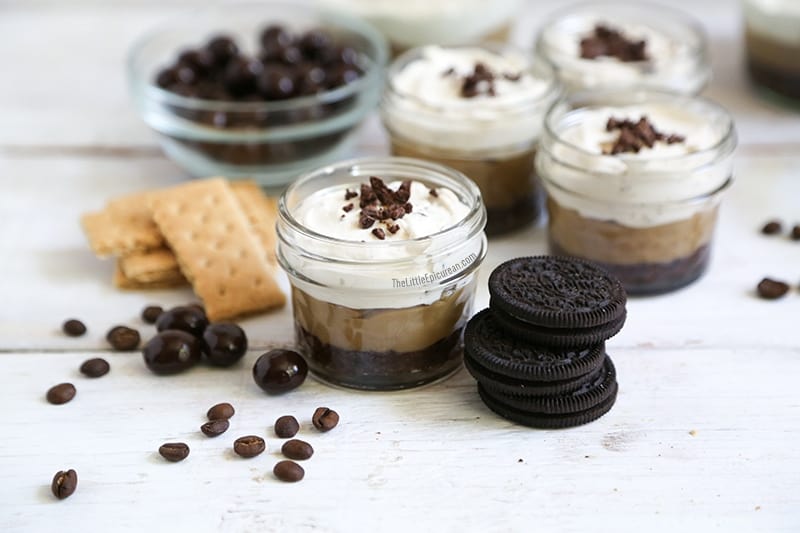 layered parfait consisting of oreo cookie, coffee pastry cream, and whipped topping. 