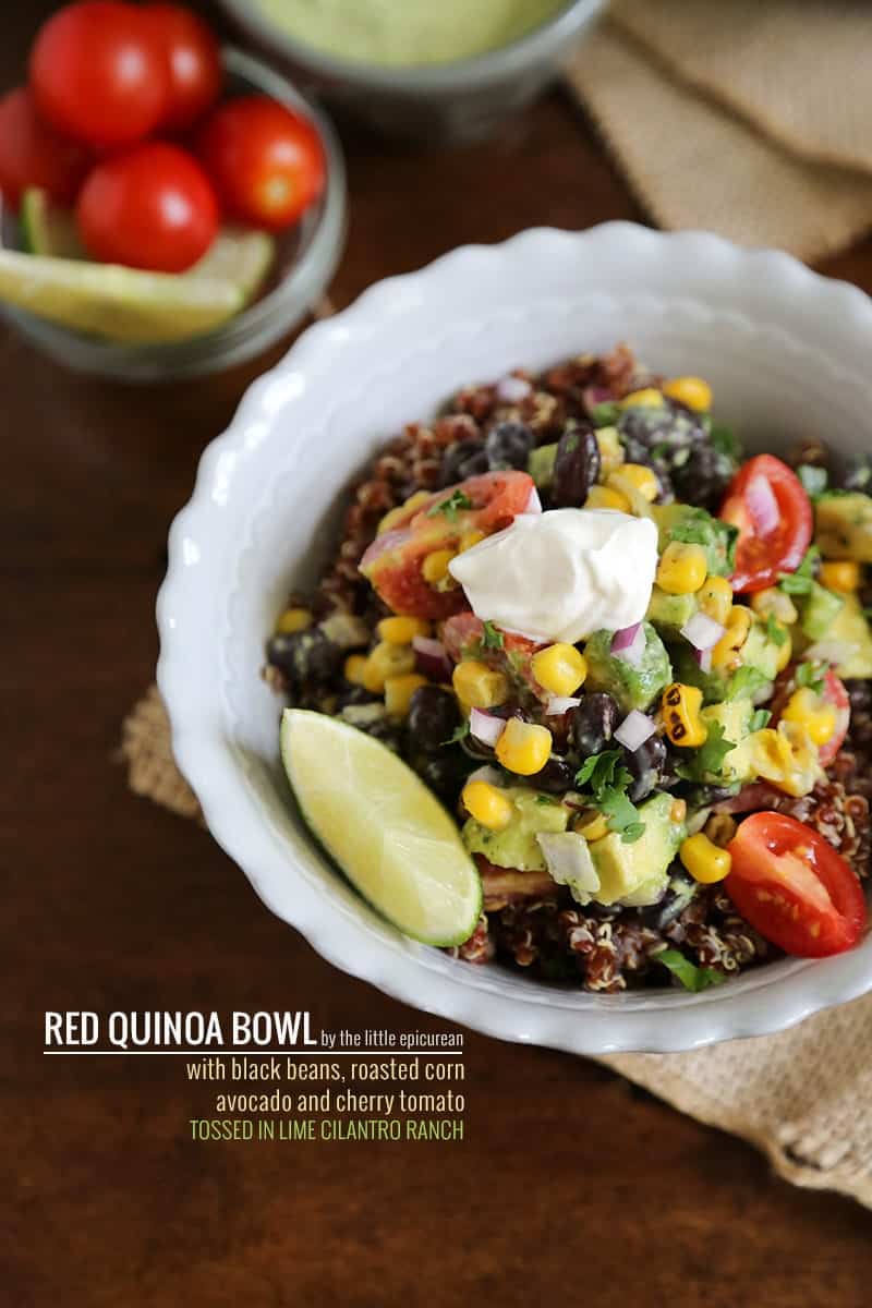 Red Quinoa Bowl with black beans, roasted corn