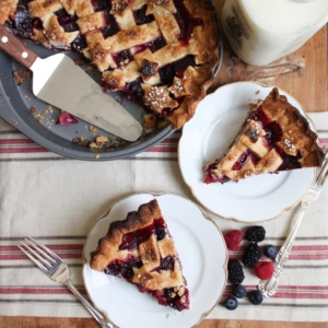 two slices of triple berry pie.