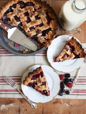 two slices of triple berry pie.