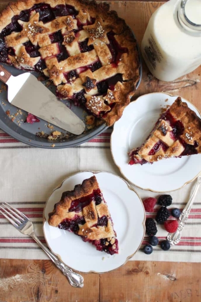 two slices of triple berry pie.