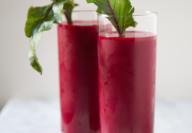 Beet Smoothie featuring beets, strawberries, mango, and tangerine juice