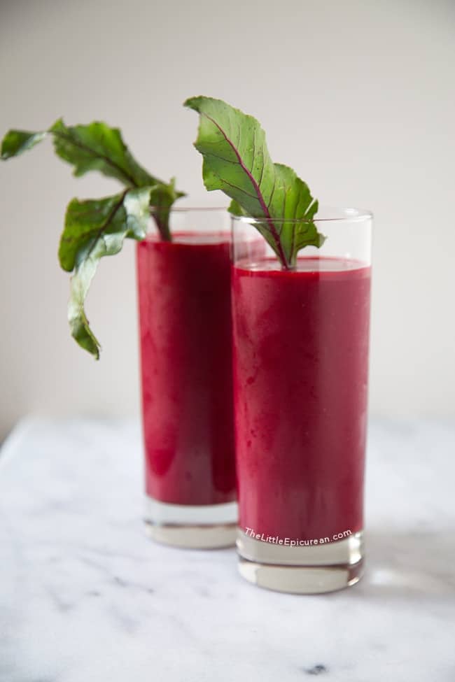 Beet Smoothie featuring beets, strawberries, mango, and tangerine juice 